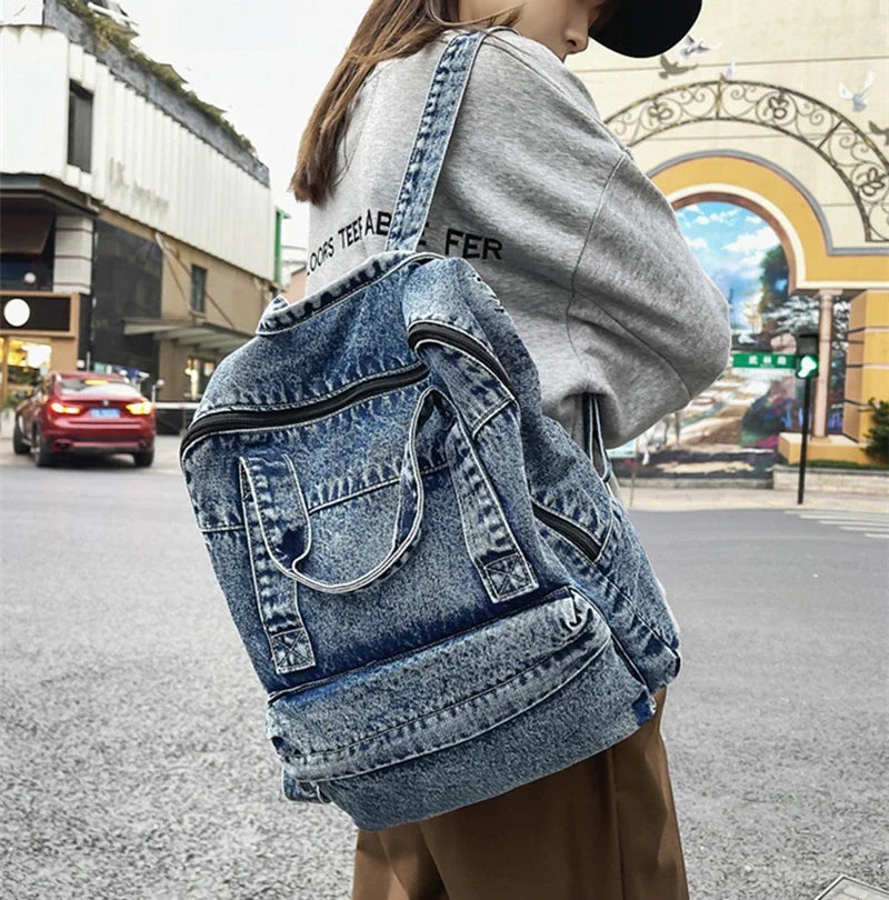 Casual Denim Backpack | Large Capacity Laptop Bag for School & Travel