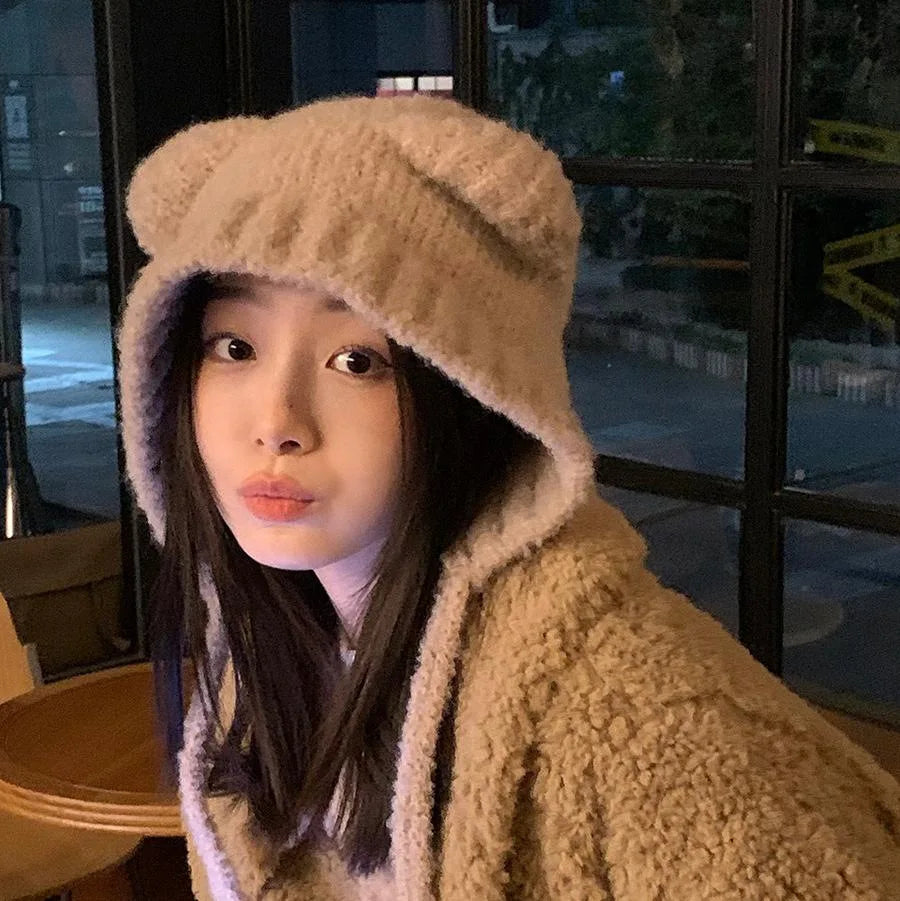 Women's Cute Bear Ear Plush Beanie | Cozy Winter Bomber Hat