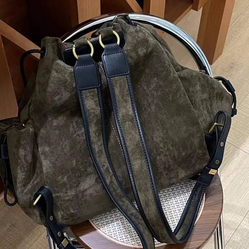 Trendy Retro Frosted Suede Bucket Backpack | Stylish Large Capacity Bag