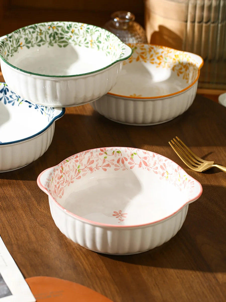 Ceramic Bowl Plate Set | Double Ear Floral Dinnerware