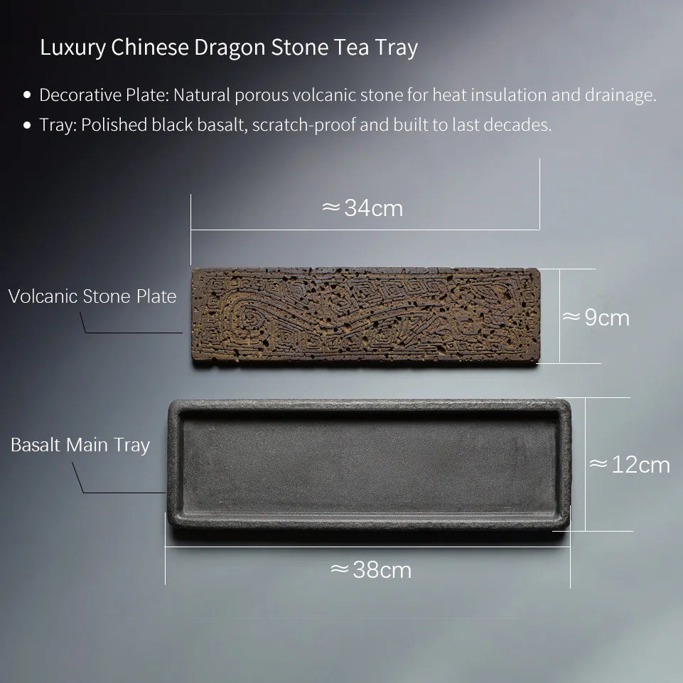 Bandeja de té con tótem de dragón tallado a mano | Elegante decoración volcánica negra