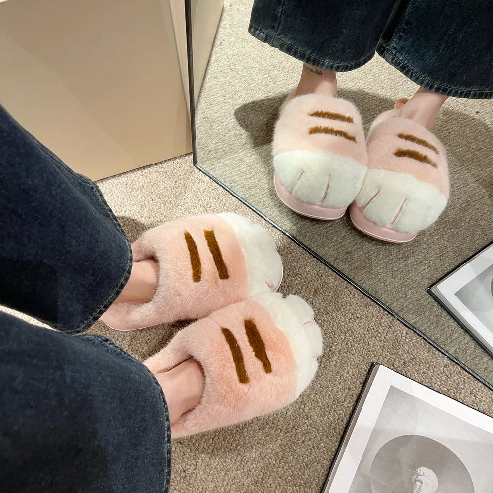Cute Cat Paw Plush Slippers | Cozy Furry Winter Indoor Shoes