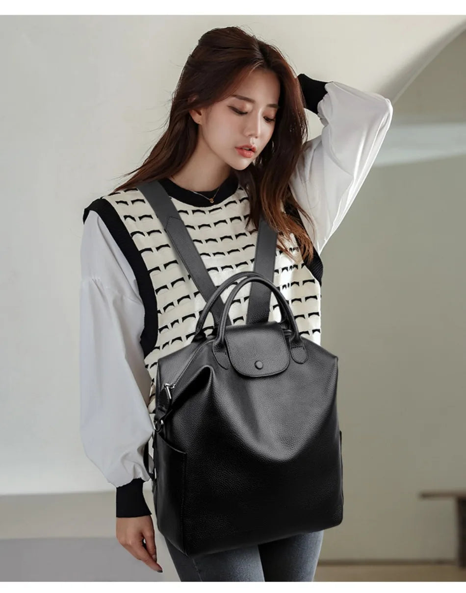 Genuine Cowhide Leather Women's Backpack | Stylish Large Capacity Bag