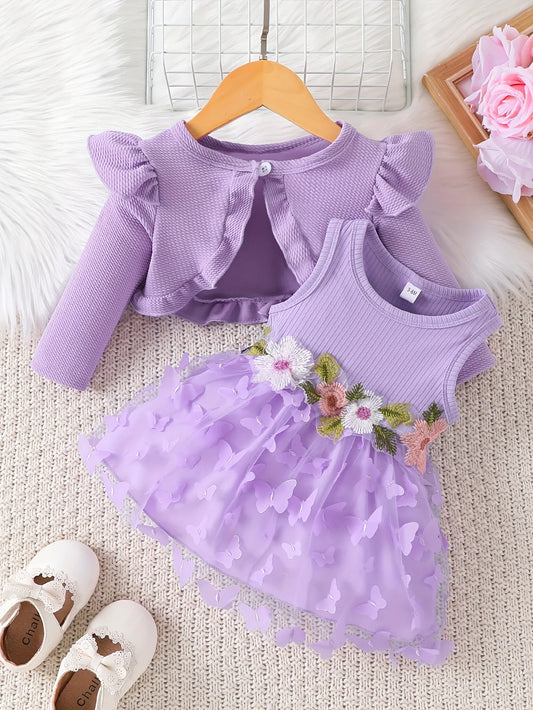 Adorable Conjunto de Vestido y Rebeca de Mariposas Moradas para Bebé Niña