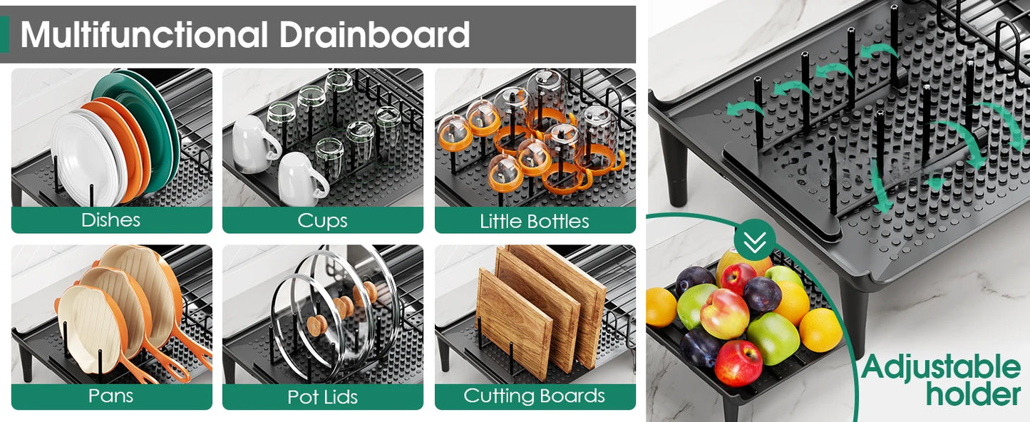Expandable Dish Rack with Multifunctional Drainboard for Kitchen