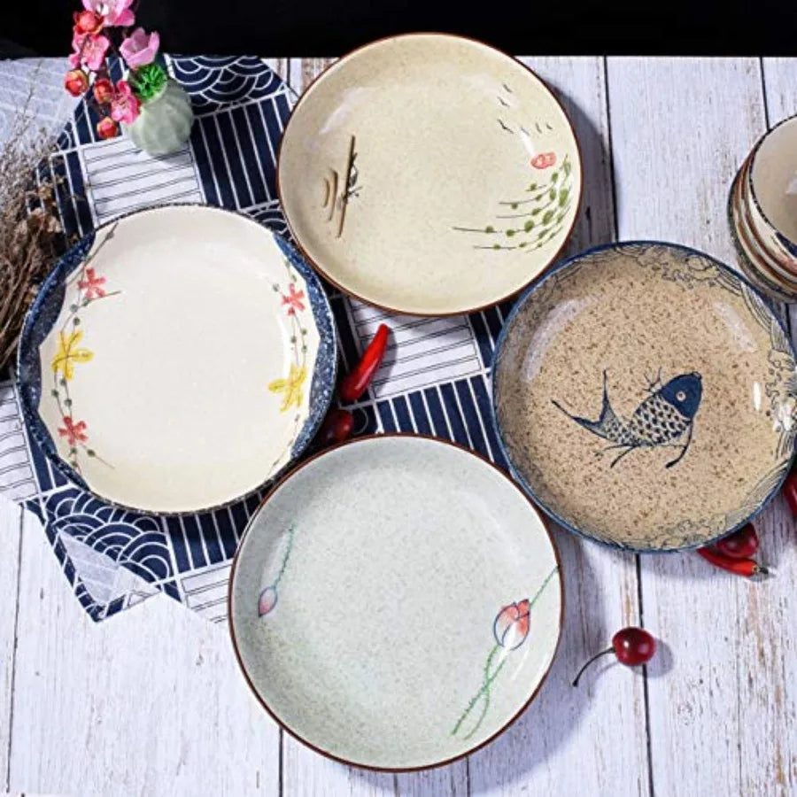 Japanese 8 Inch Retro Dinner Plate Set | Elegant Ceramic Dishes