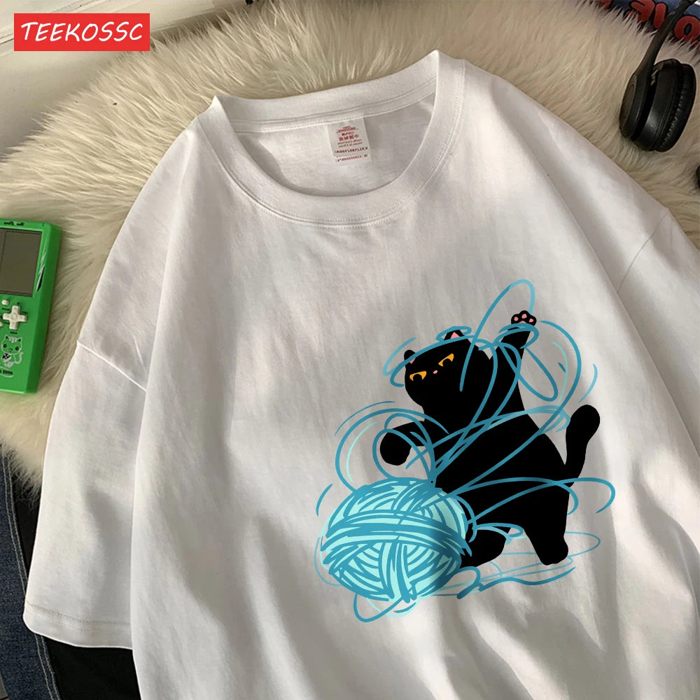 Cute Cartoon Cat Oversized Women's T-Shirt | Summer Casual Style
