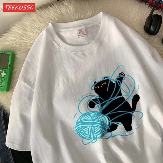 Cute Cartoon Cat Oversized Women's T-Shirt | Summer Casual Style