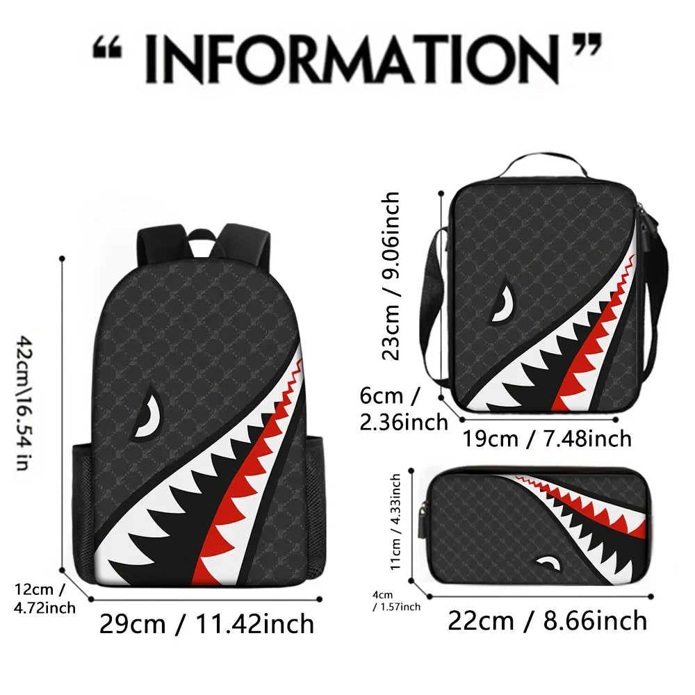 3pcs Shark Pattern Backpack Set | Stylish Unisex Gift