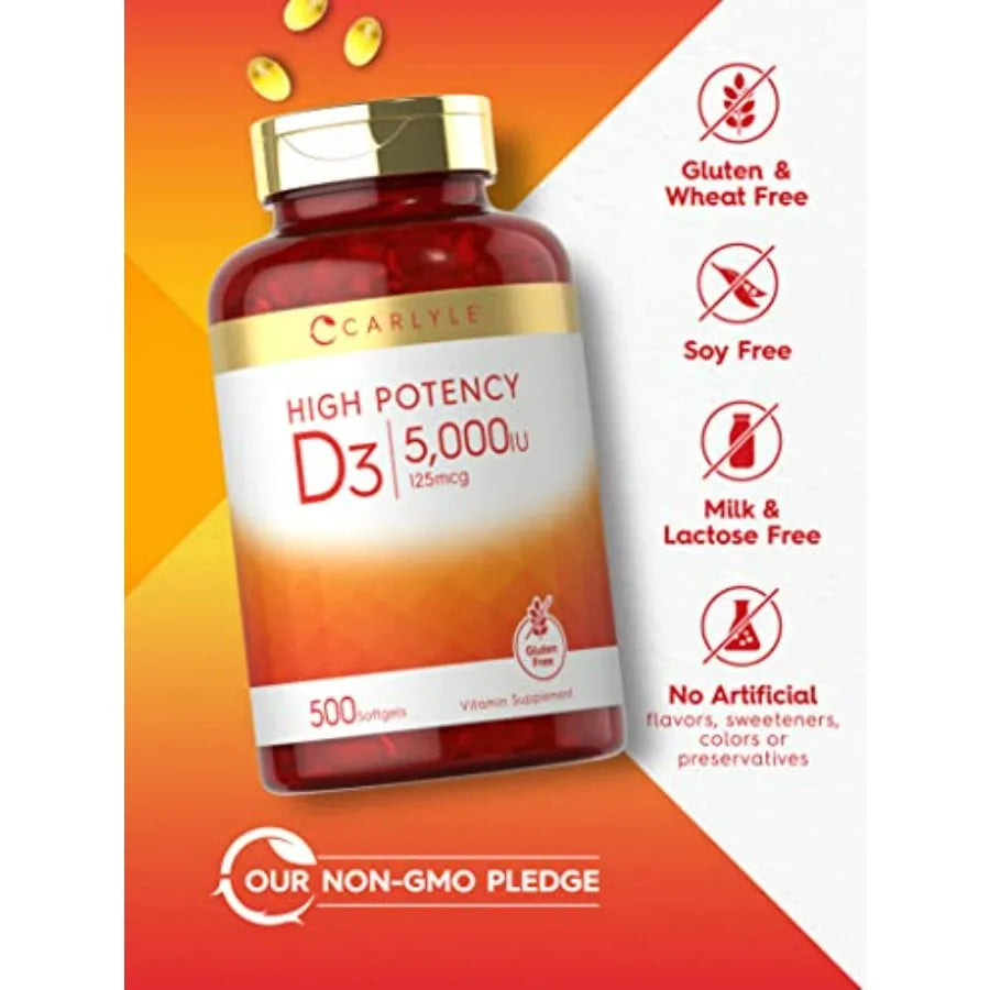 High Potency Vitamin D3 5000 IU Softgels | Non-GMO & Gluten Free