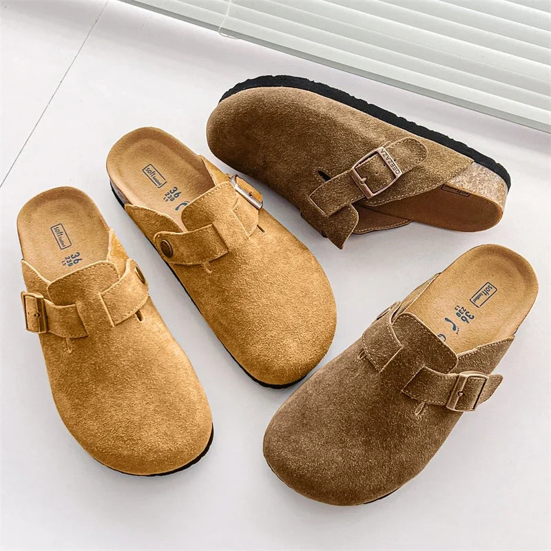 Cow Suede Cork Mules Slippers for All Seasons | Comfortable Clogs
