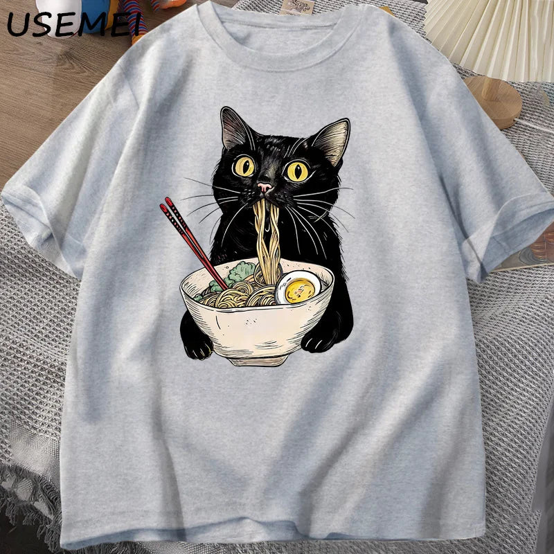 Funny Cat Noodle T-Shirt | Retro Casual Tee for Food Lovers