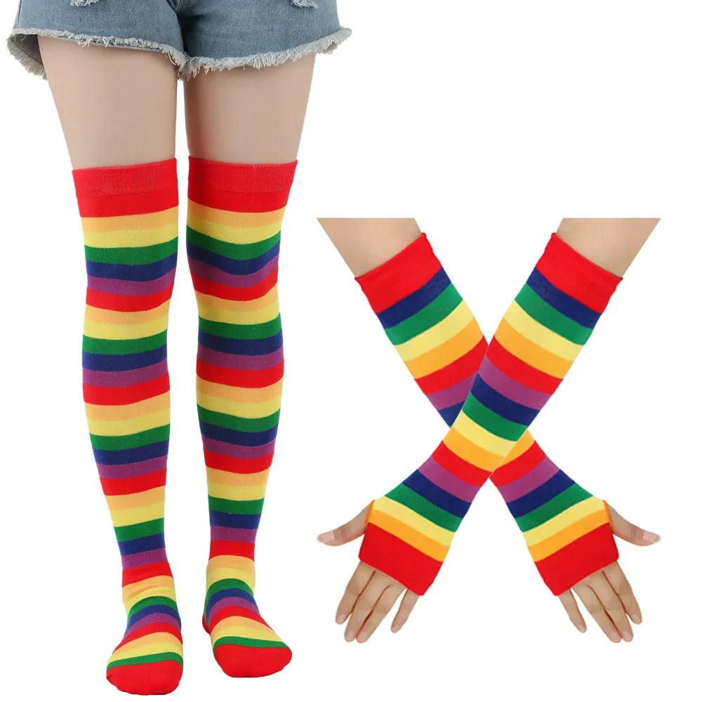 Women’s Rainbow Stripes Over Knee Socks & Elbow Gloves Set