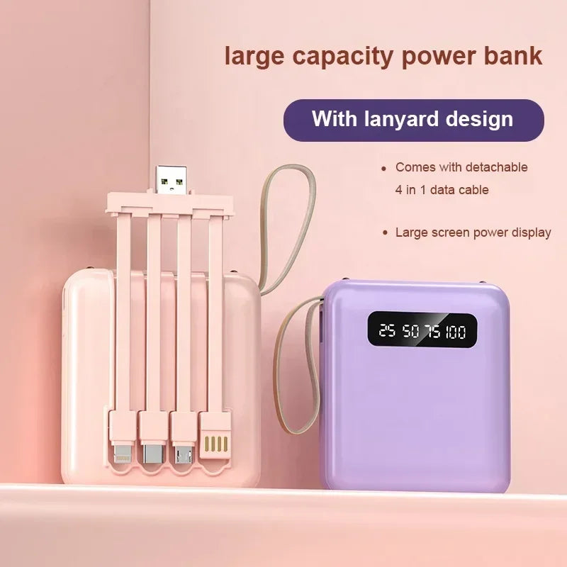 High-Capacity Mini Power Bank with LED Display & Built-in Cable
