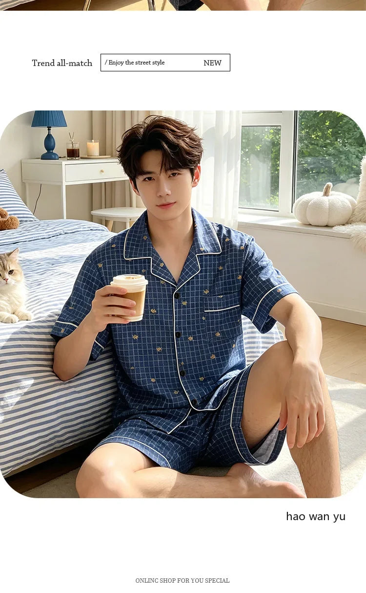 Men's Plaid Short Sleeve Pajamas | Comfortable Sleepwear Set