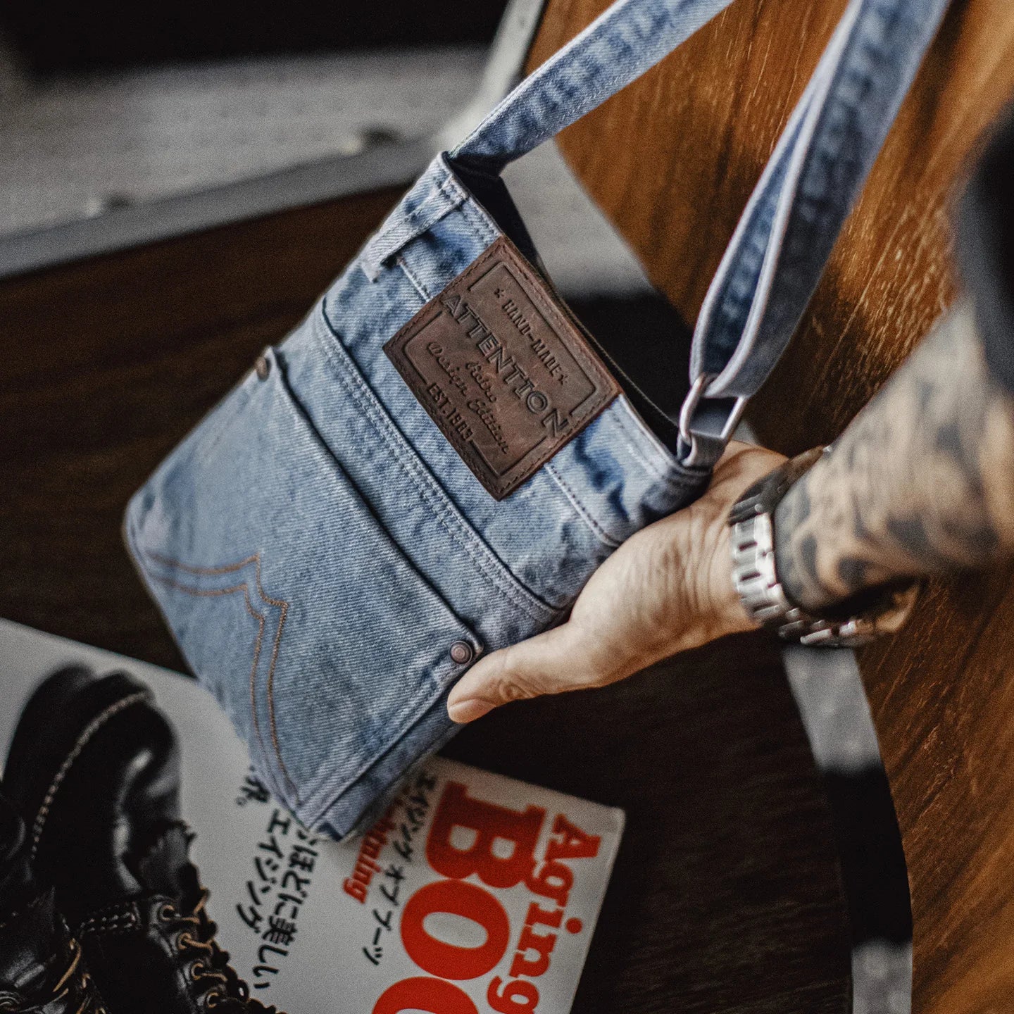 Vintage Washed Blue Denim Crossbody Bag | Unisex Canvas Tote