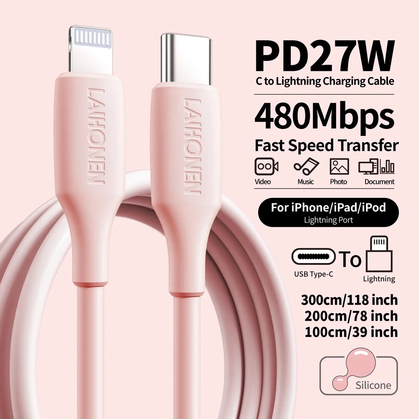 27W Fast Charging USB-C to Lightning Cable | Soft Silicone Pink Accessory