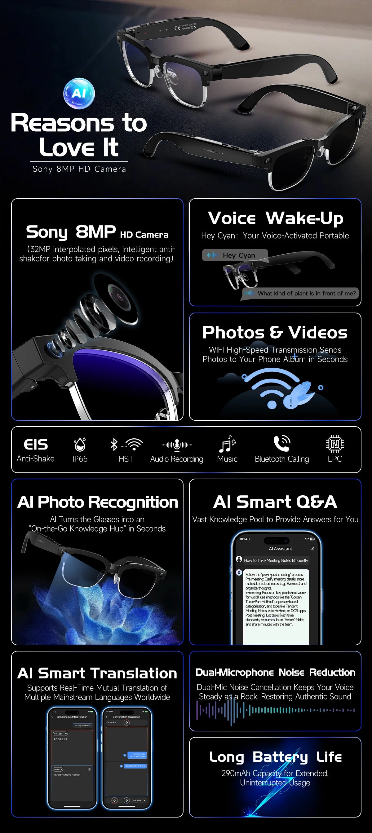 AI Smart Glasses with 800W Camera & Multilingual Translation