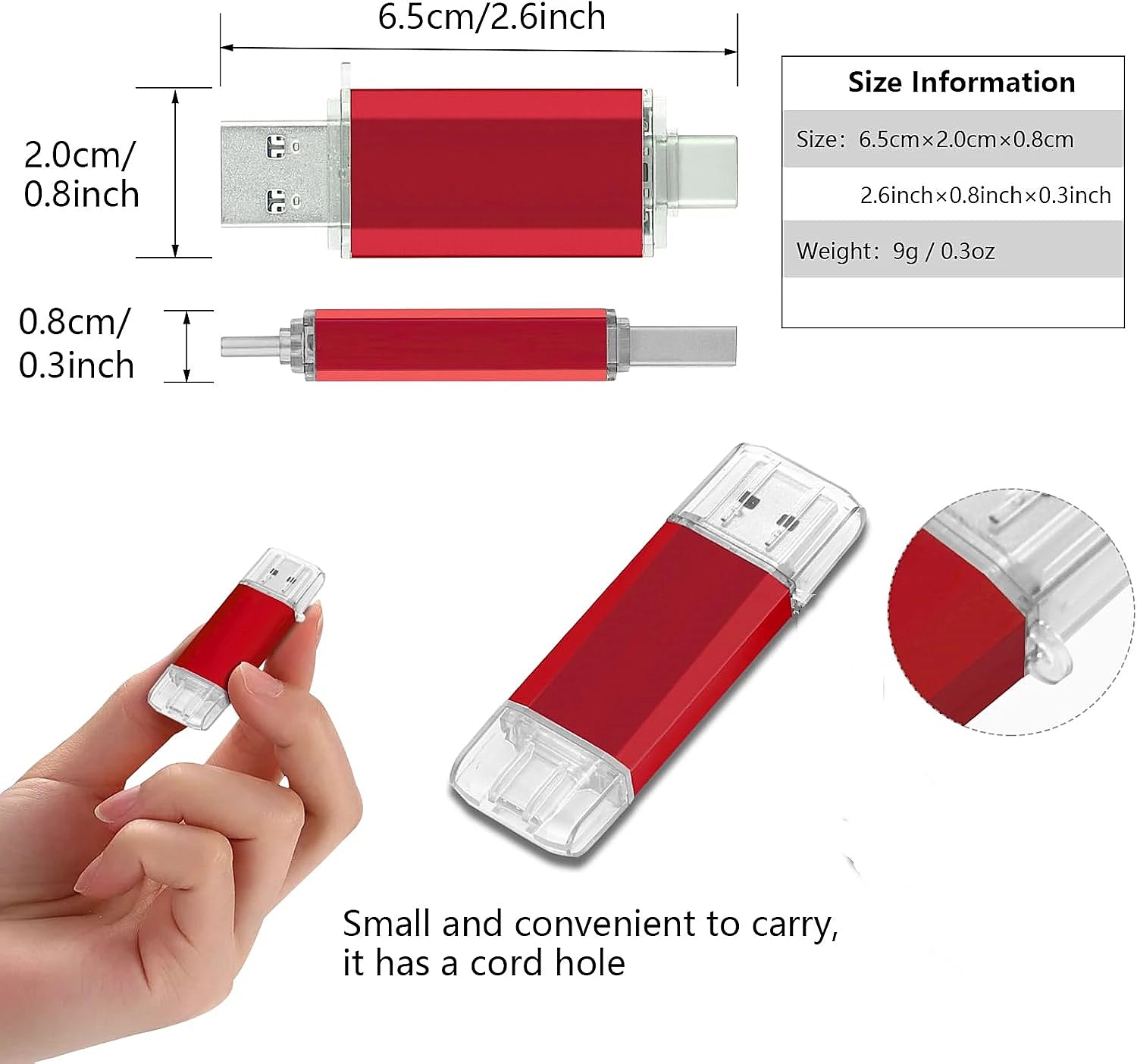 Red USB flash drive with measurement details and a hand holding it.