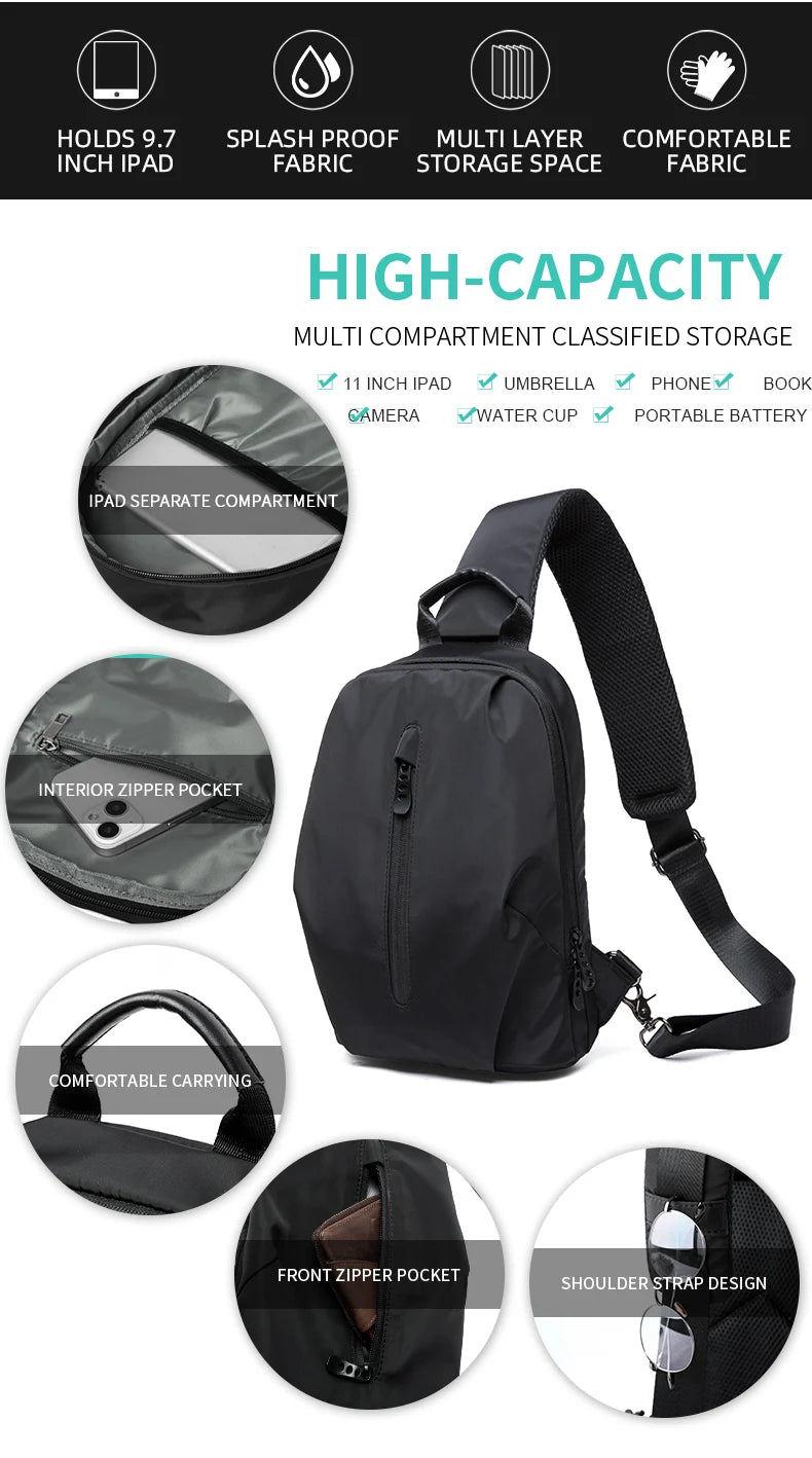 Waterproof Nylon Sling Bag | Anti-Theft Travel Chest Backpack