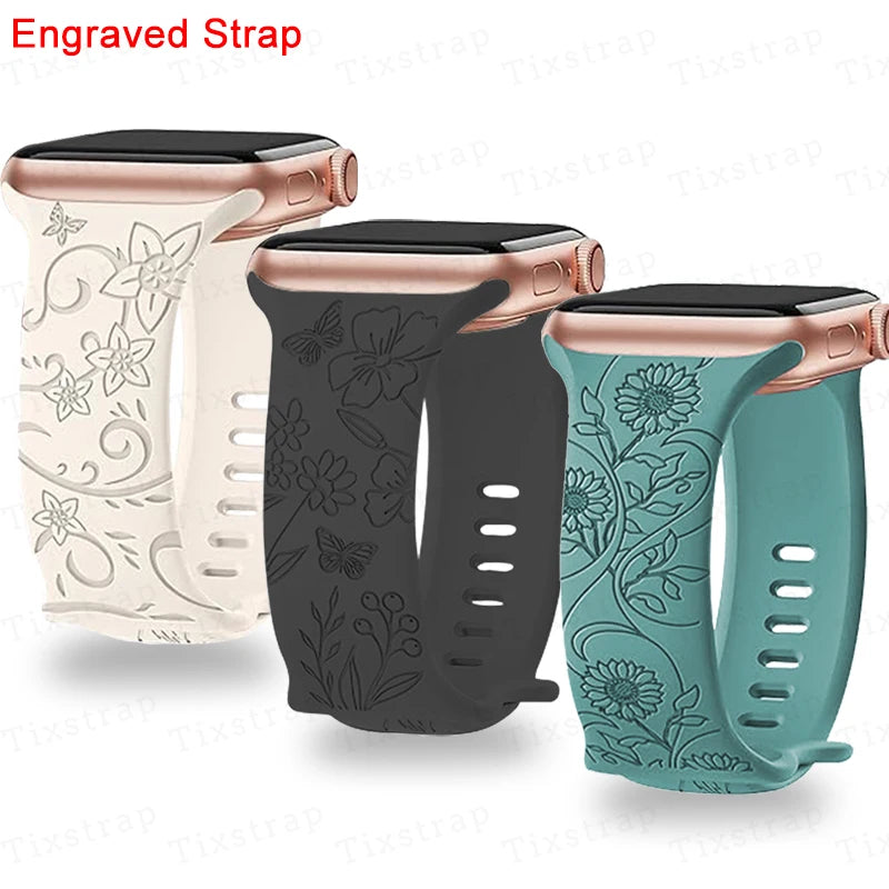 Floral Engraved Silicone Strap | Elegant Replacement Band for Apple Watch