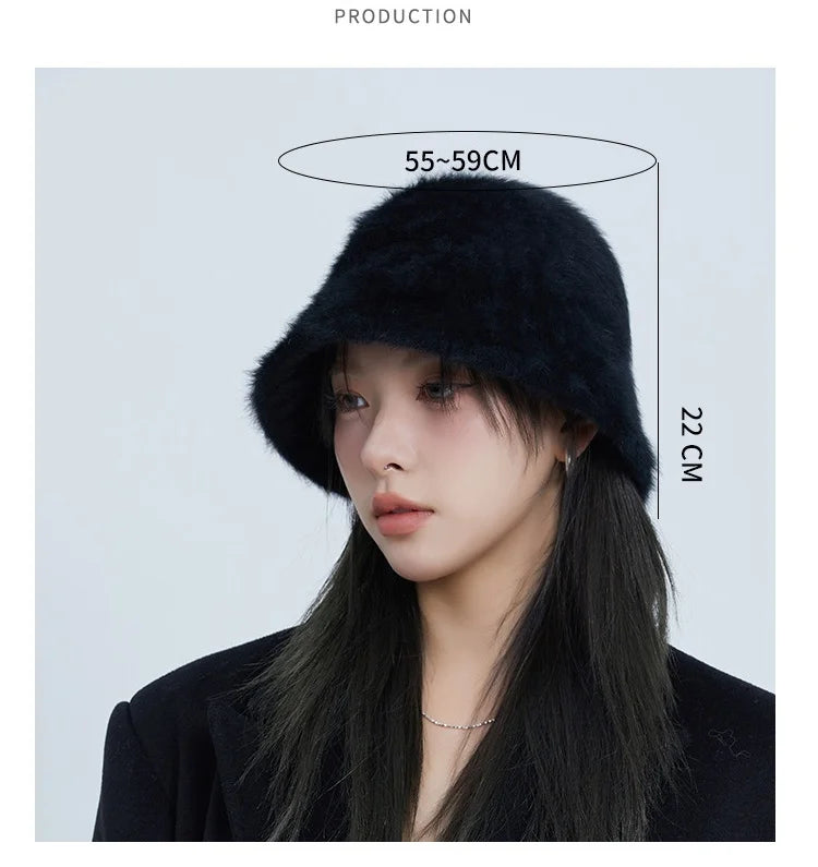 Oversized Rhinestone Rabbit Fur Bucket Hat | Stylish Warm Winter Cap
