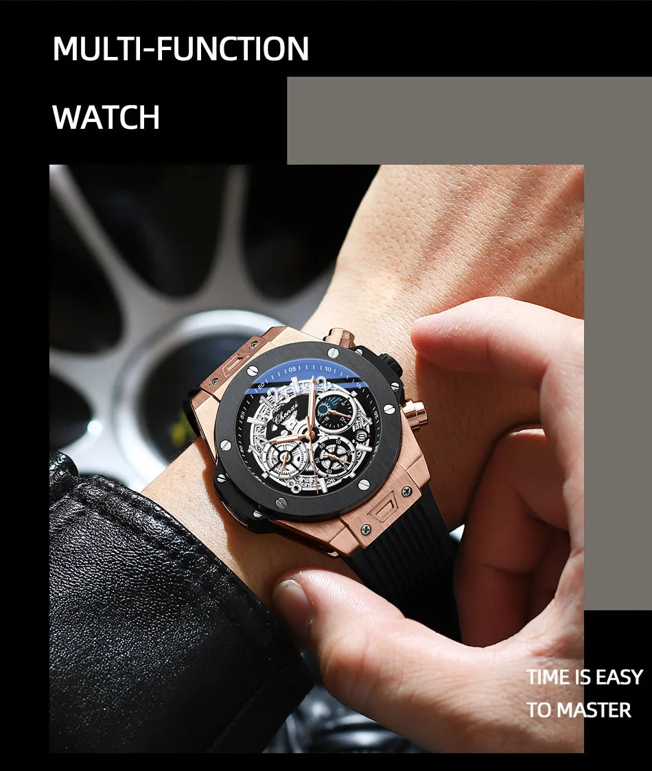 Stylish Big Dial Men's Watch | Multi-Function Rubber Strap