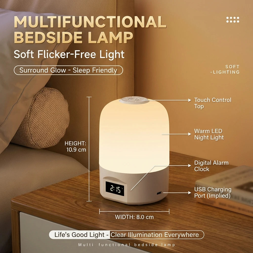 Touch Control LED Bedside Lamp with Clock & Dimmable Light