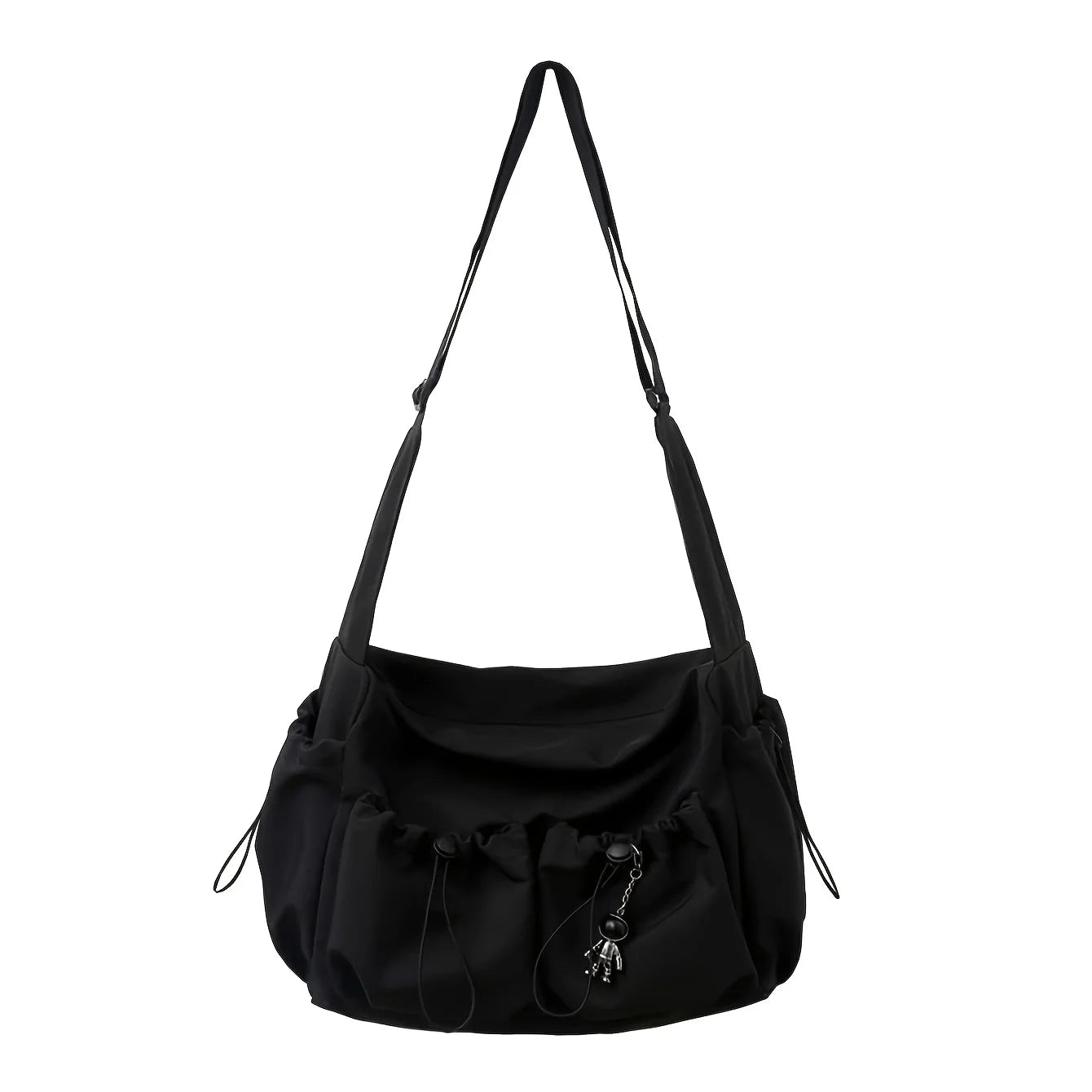 Fashionable Crossbody Bag with Stylish Charm & Drawstring Accent