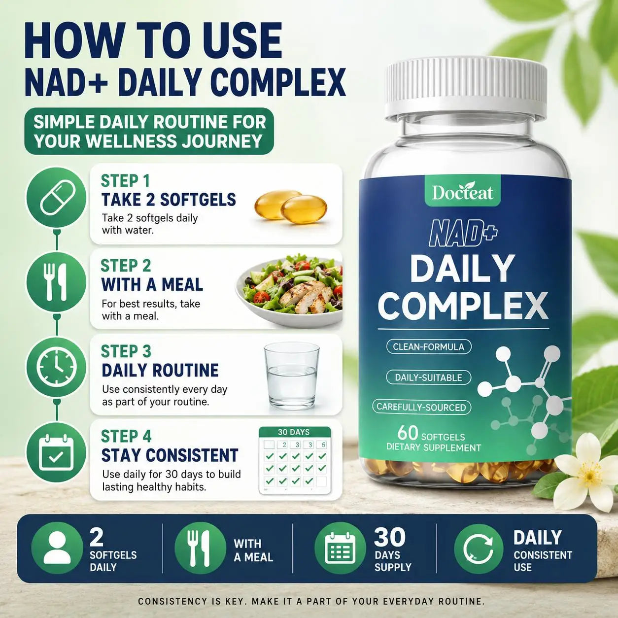 NAD+ and NAC Daily Complex Softgels | Antioxidant Energy Support