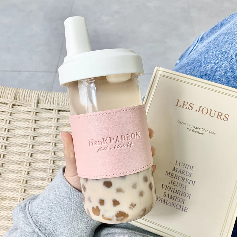 Cute Pearl Milk Tea Straw Plastic Water Bottle | Large Capacity Drinkware