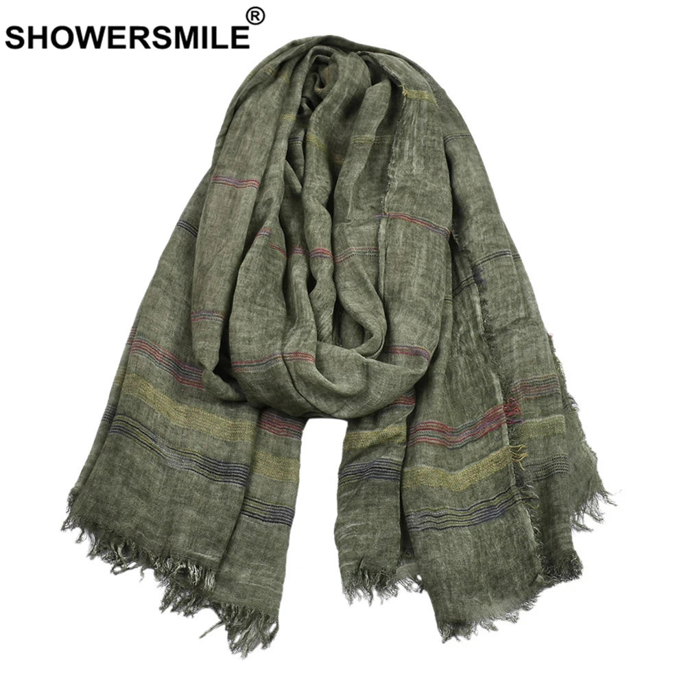 Men's Green Cotton Linen Scarf | Warm Autumn Winter Accessory