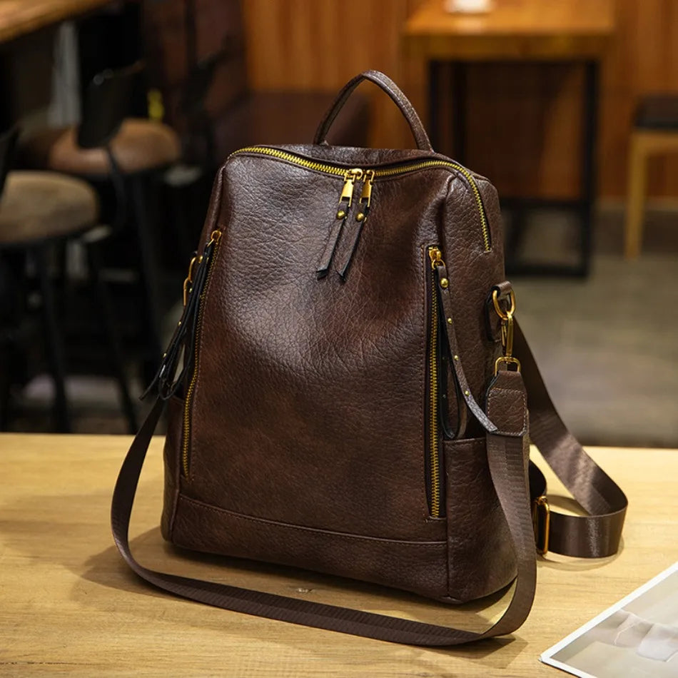 Vintage Leather Backpack | Large Capacity Travel Rucksack for Women