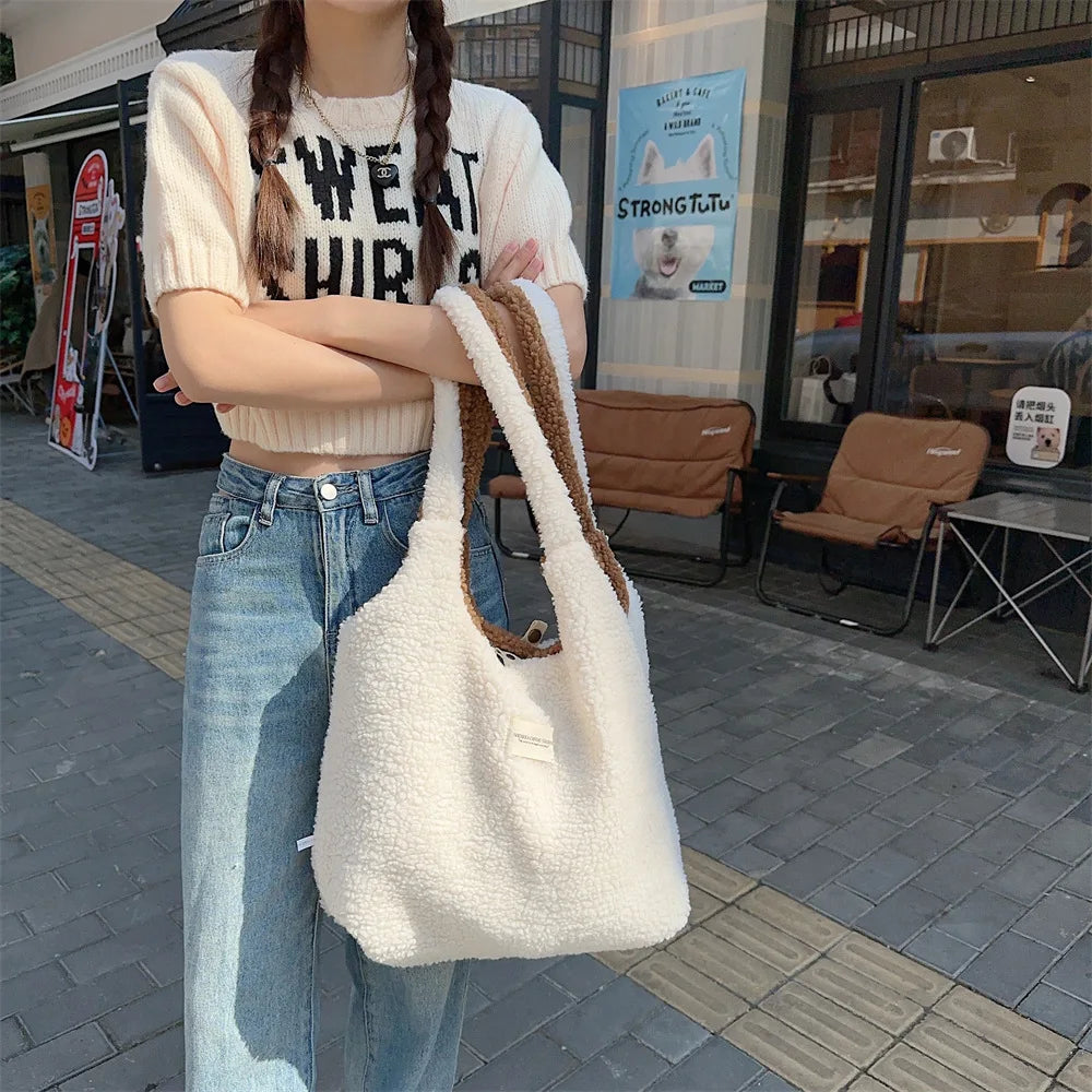 Reversible Plush Shoulder Bag for Women | Warm Fabric Tote