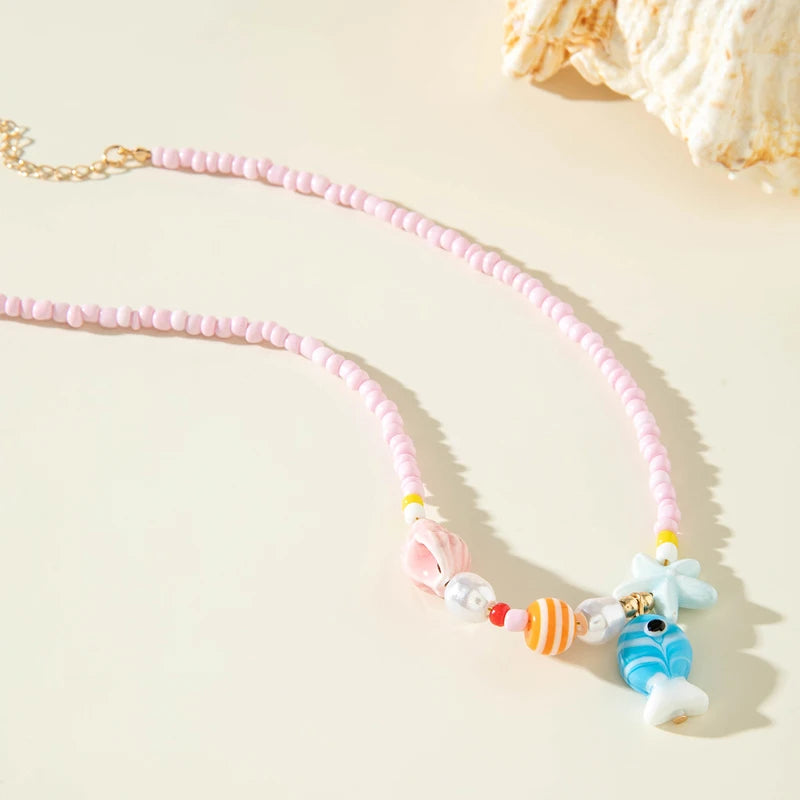Y2K Boho Acrylic Ceramic Fish Starfish Mushroom Pendant Colorful Bead Choker Necklace For Women Beach Ocean Jewelry Accessories