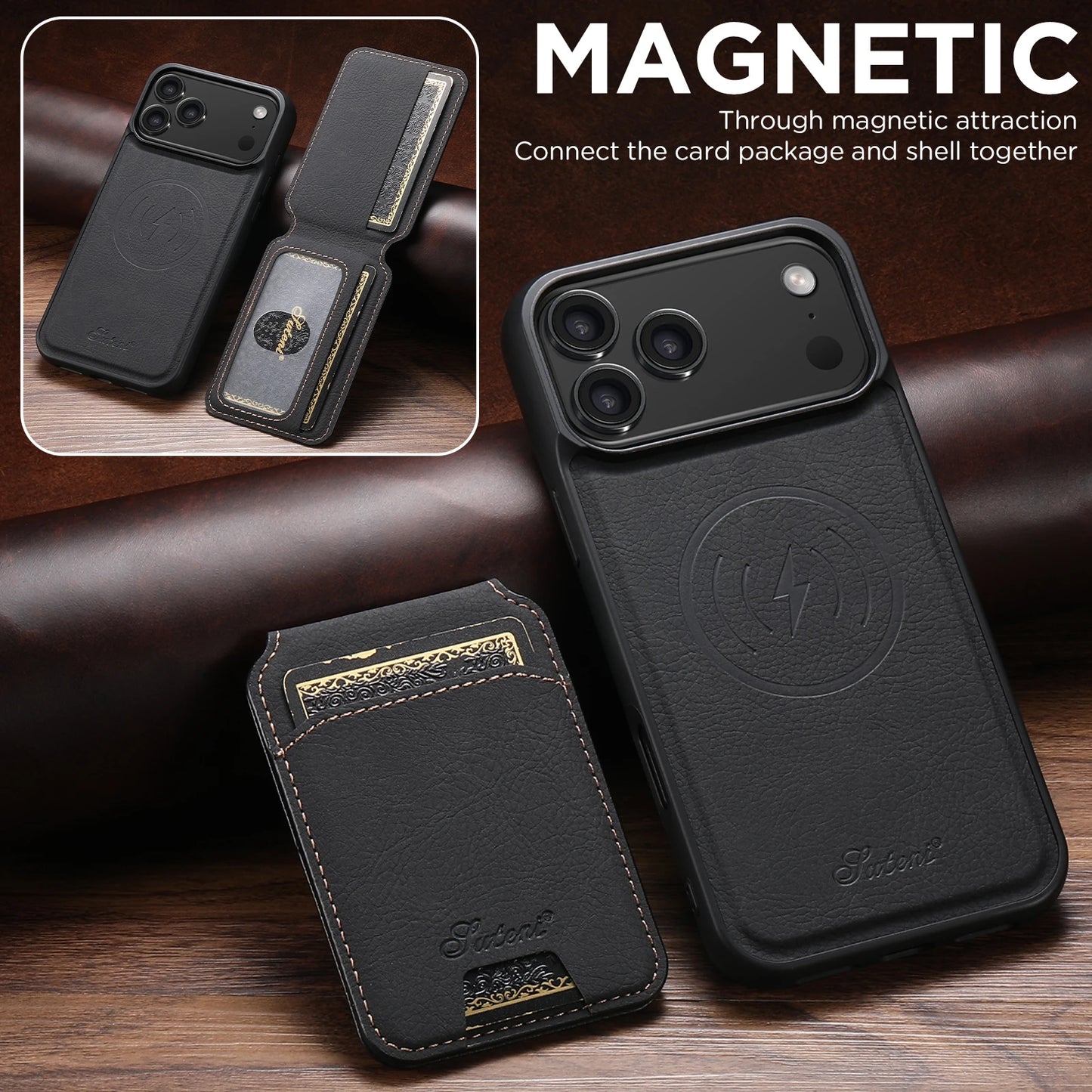 SUTENI Wireless Charging Phone Case Magnet Card Holder Stand Faux Leather For iPhone 17 Pro Max 16 Plus 15 14 13 12