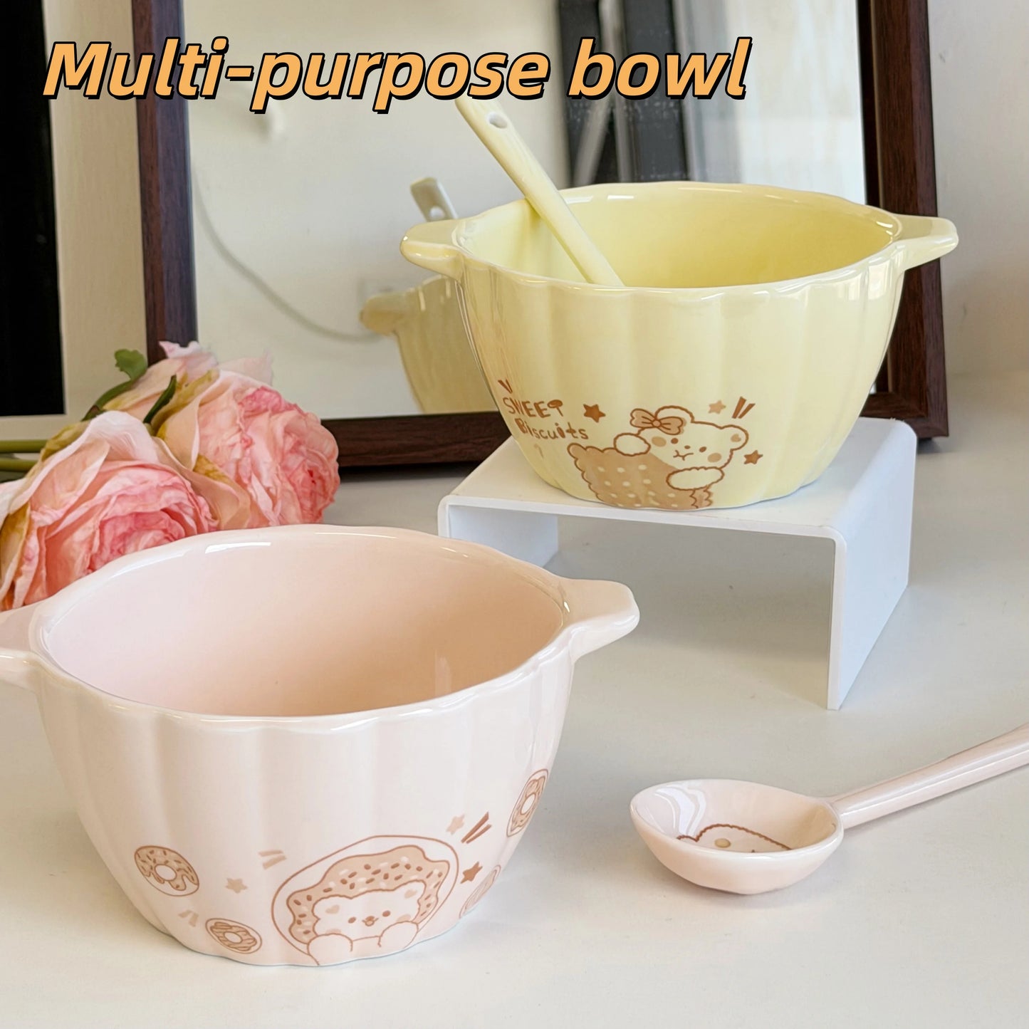 6.2in Cute Animal Double-ear Bowl with Spoon | Versatile Dining Bowl