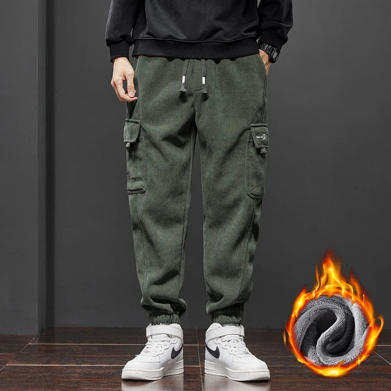 Winter Fleece Warm Men’s Corduroy Jogger Pants Thick Loose Cargo Harem Trousers Velvet Plush Casual Sweatpants