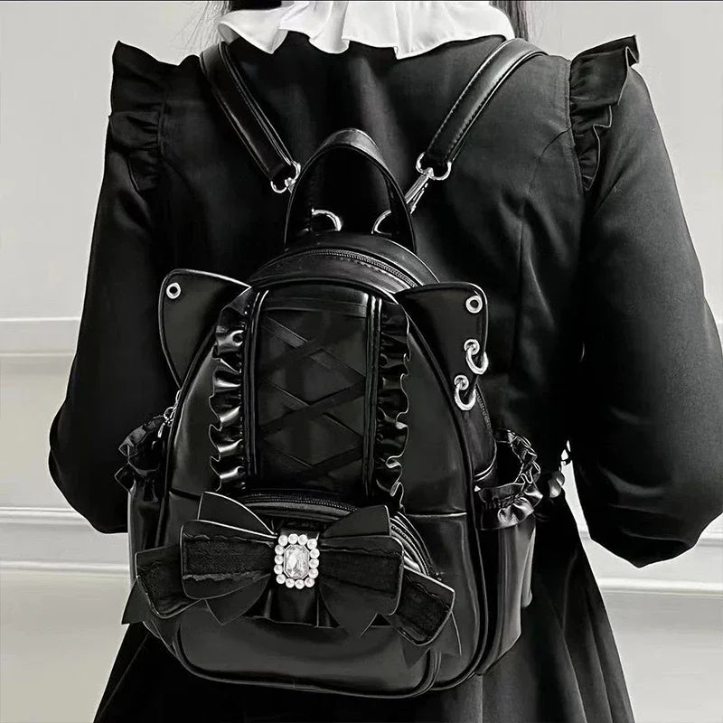 Mochila de piel sintética con orejas de gato y encaje | Elegante bolso de viaje