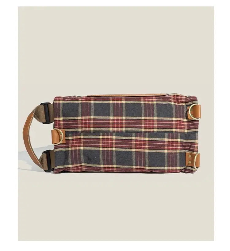 Large Capacity Burgundy Plaid Handbag | Convertible Shoulder Backpack