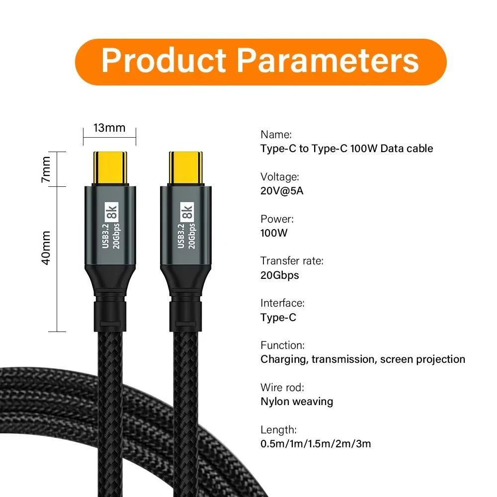 High-Speed USB 3.2 Type C to Type C Cable | 8K Video & Fast Charging