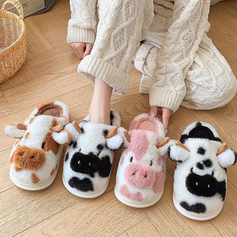 Women's Cute Cartoon Cow Plush Slippers | Warm Indoor House Shoes