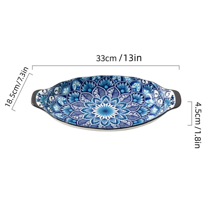 13-Inch Bohemian Double-Handle Ceramic Deep Plate for Seafood