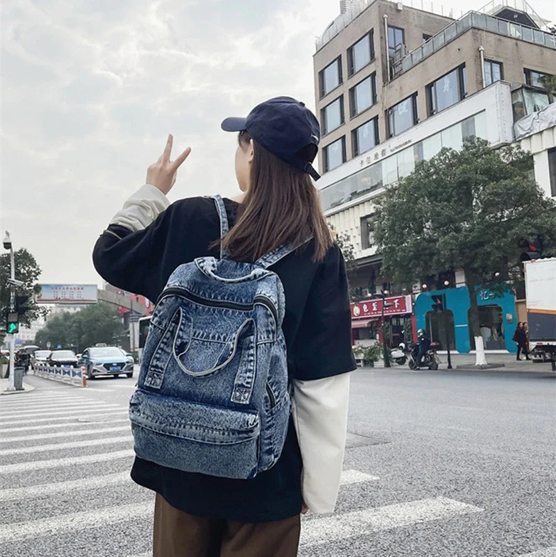 Casual Denim Backpack | Large Capacity Laptop Bag for School & Travel