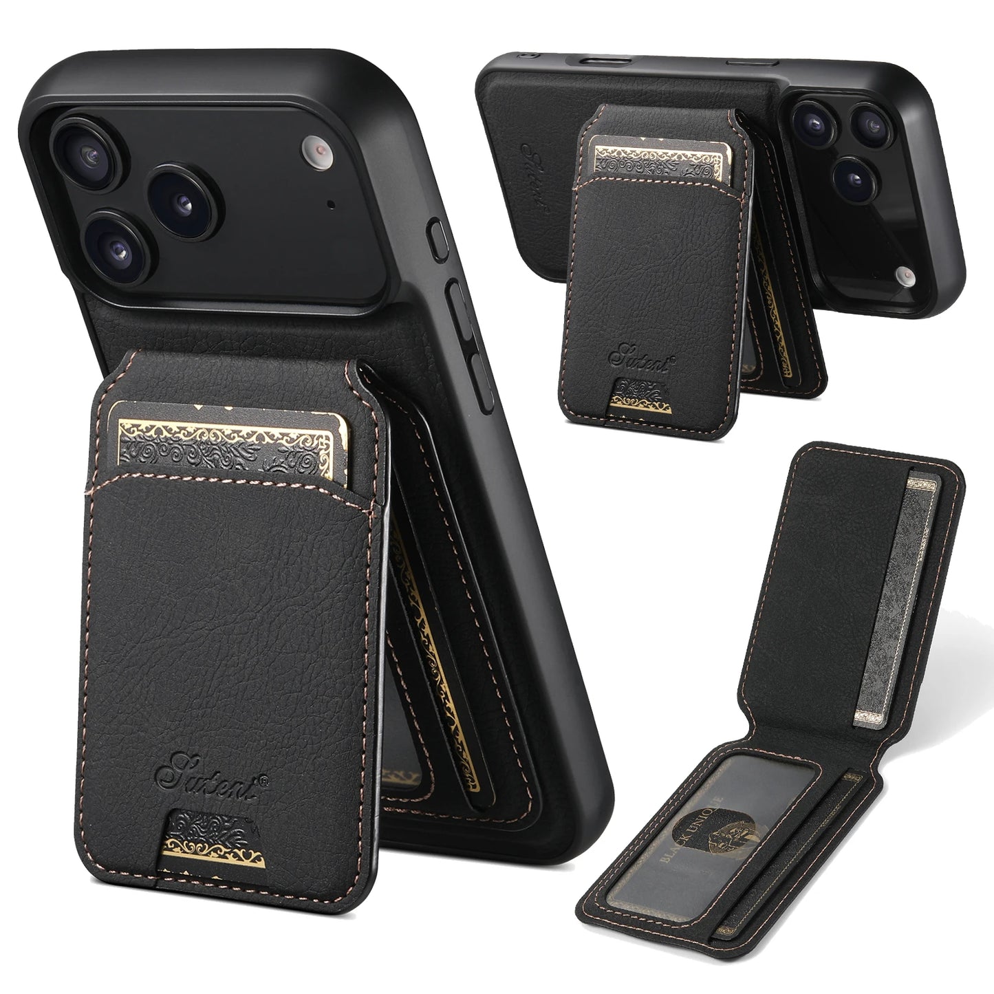 SUTENI Wireless Charging Phone Case Magnet Card Holder Stand Faux Leather For iPhone 17 Pro Max 16 Plus 15 14 13 12
