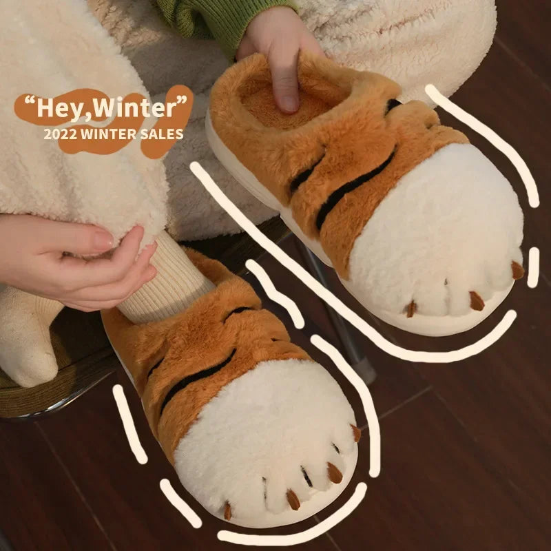 Women's Cute Cartoon Tiger Paw Plush Slippers | Cozy Winter Slides