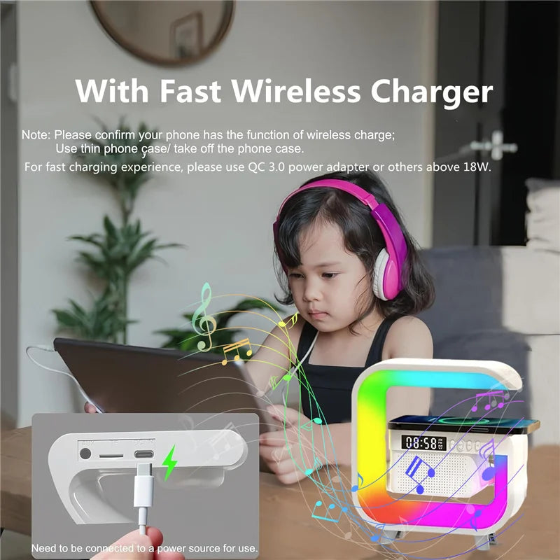 Estación de carga inalámbrica RGB con altavoz Bluetooth y despertador