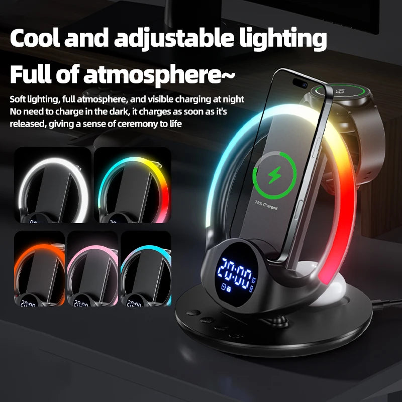 Cargador inalámbrico 6 en 1 con luz RGB y despertador | Carga rápida