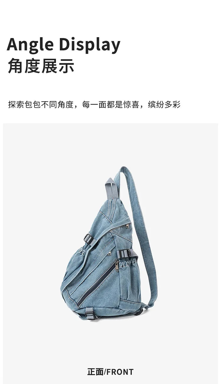 Vintage Washed Denim Sling Bag Man Woman Multifunction Retro Large Capacity Portable Motorcycle Chest Bag