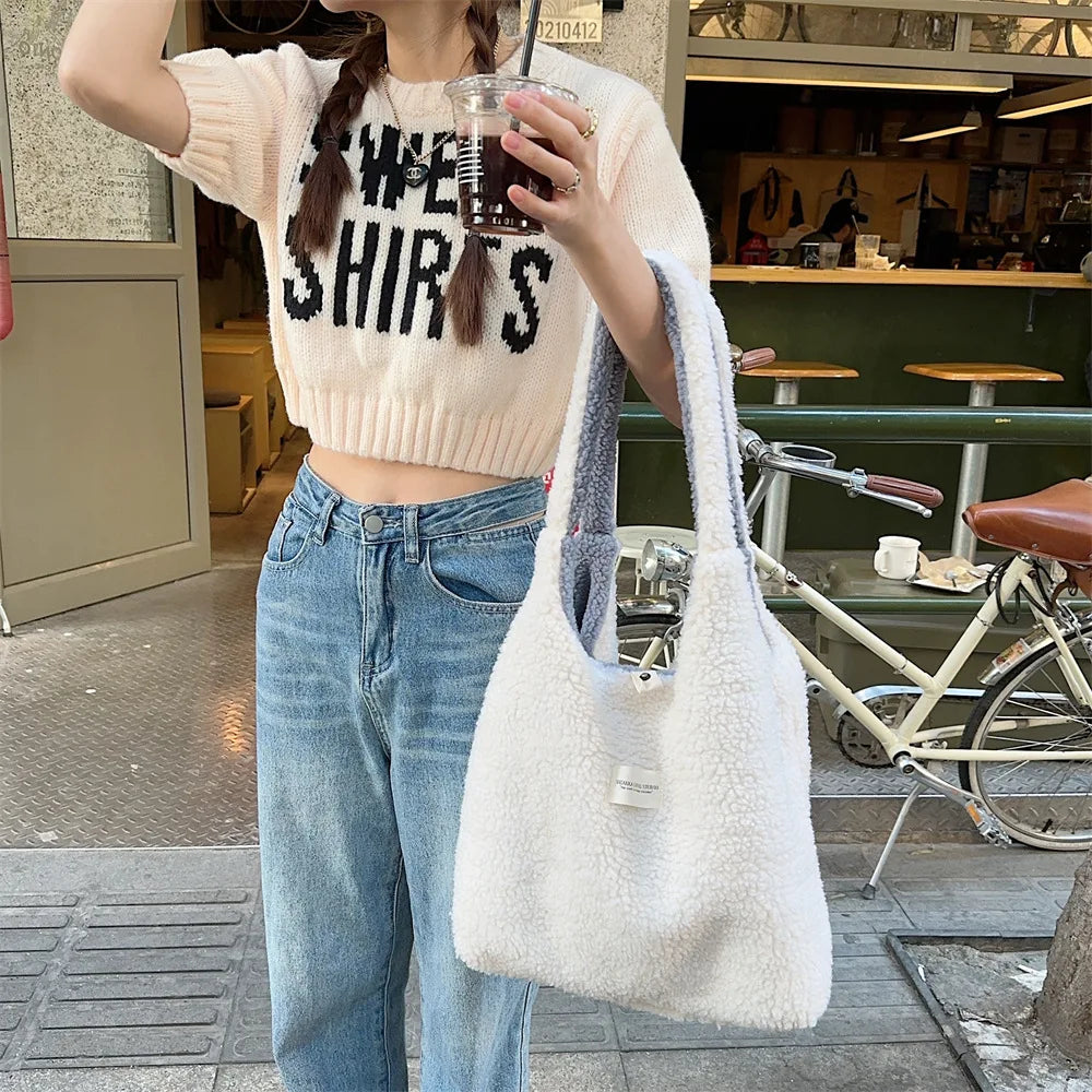 Reversible Plush Shoulder Bag for Women | Warm Fabric Tote